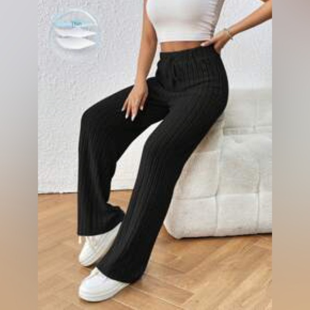 💥 Frenchy Solid Tie Front Ribbed Knit Baggy Grain Fabric Pants Winter Chic Black - Picture 15 of 15
